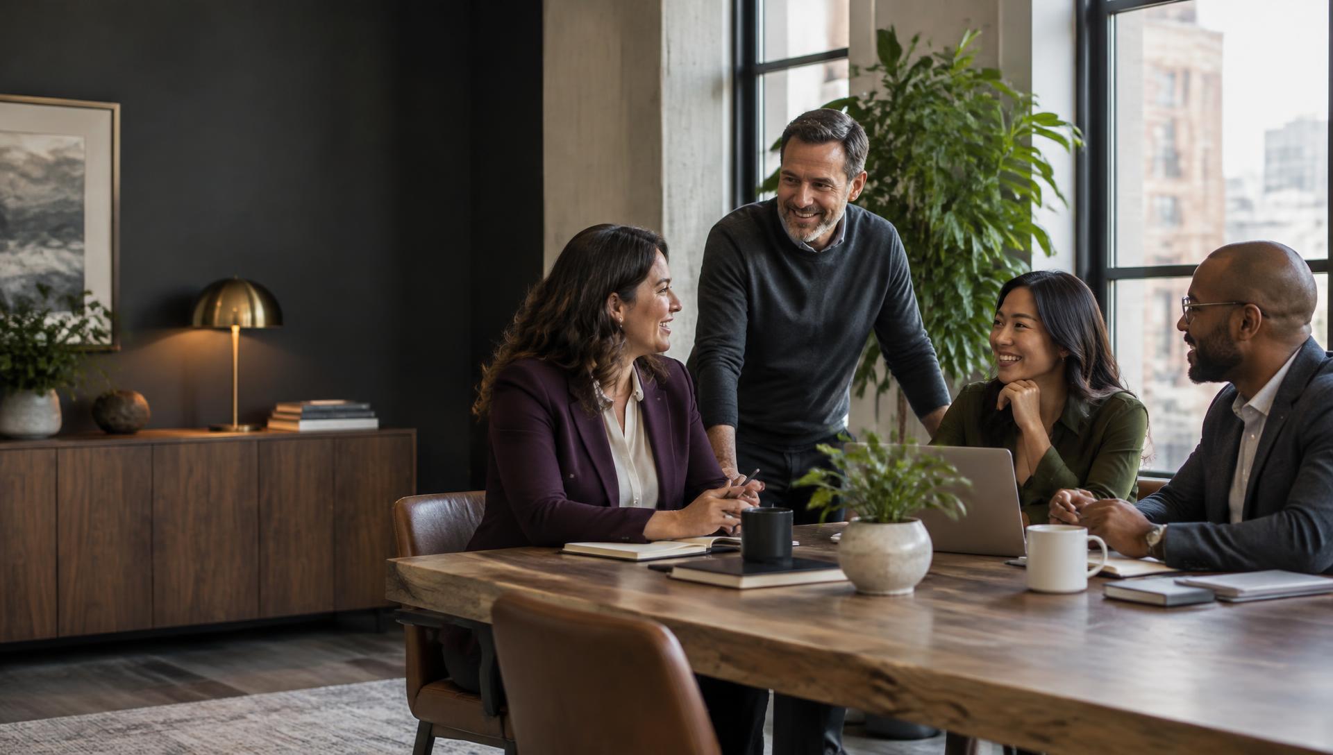 A diverse business team sharing a conversation in a contemporary office